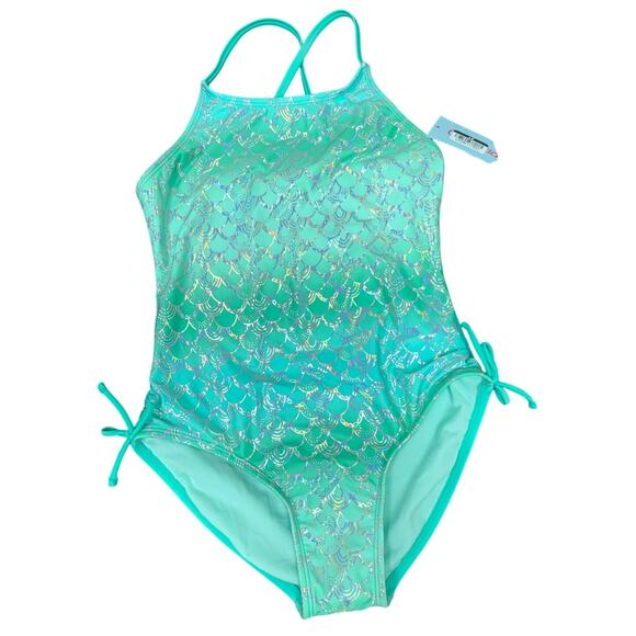 New Cat & Jack Large 10/12 Shiny Mermaid Scale Strappy 1PC Swim Swimsuit - Picture 1 of 3